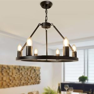 Depuley 6-Light Black Farmhouse Light Fixture Chandelier, Vintage Metal Wagon Wh